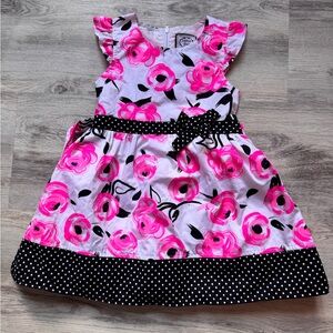Floral Pink Kids Dress with Polka Dot Trim